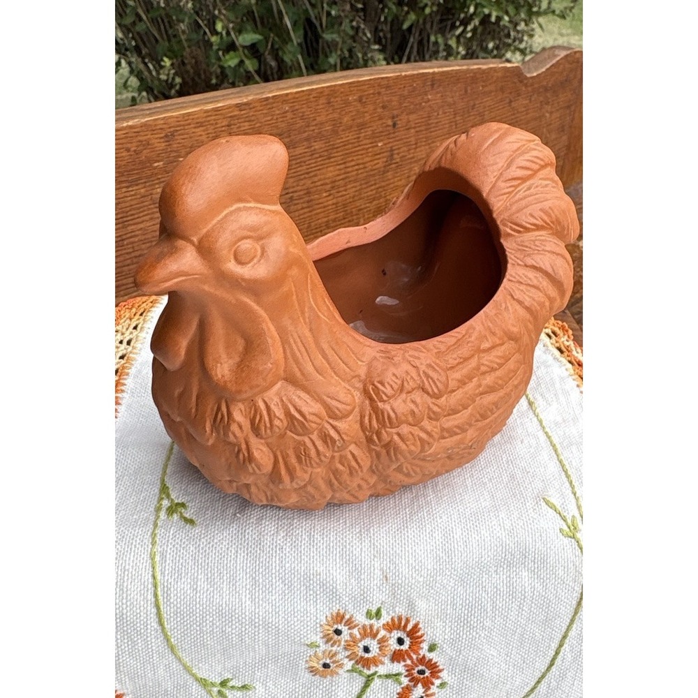 Terracotta Chicken Hen Planter Clay Folk Art 6.5" Farmhouse Decor Rustic